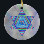 Pastel Stripes Hanukkah Star Ornament<br><div class="desc">een digitale collage in  pastelstrepen; een ster van David met een Chai-symbool (leven) in het midden op een bleke pastelstervormig ondergrond.</div>