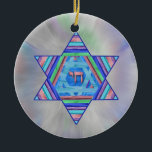 Pastel Stripes Hanukkah Star Ornament<br><div class="desc">een digitale collage in  pastelstrepen; een ster van David met een Chai-symbool (leven) in het midden op een bleke pastelstervormig ondergrond.</div>