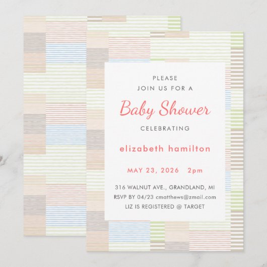 Pastel Stripes Patchwork Baby Shower Invitation Kaart (Voorkant / Achterkant)