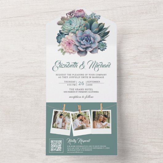 Pastel Succulent Ampersand QR Code Bruiloft All In One Uitnodiging (Binnen)