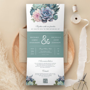Pastel Succulent Ampersand QR Code Bruiloft Drieluik Uitnodiging