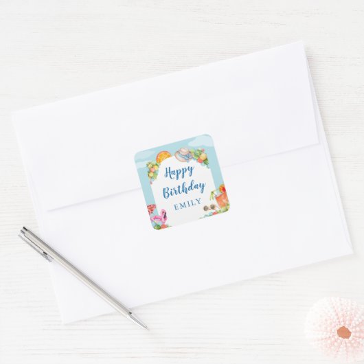 Pastel Summer Birthday Party Vierkante Sticker (Envelop)