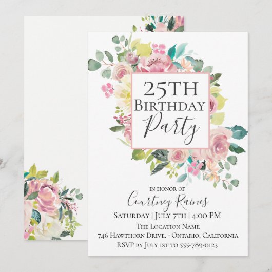 Pastel Summer Floral Birthday Party Invitation Kaart (Voorkant / Achterkant)