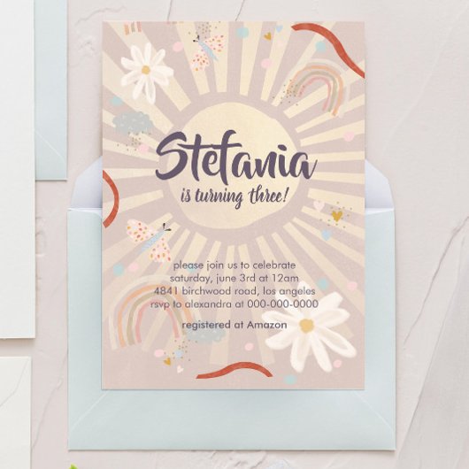 Pastel Sun Pink Girl Birthday Invitation Kaart