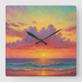 Pastel Sunset Beach - Painterly Style Seascape  Vierkante Klok