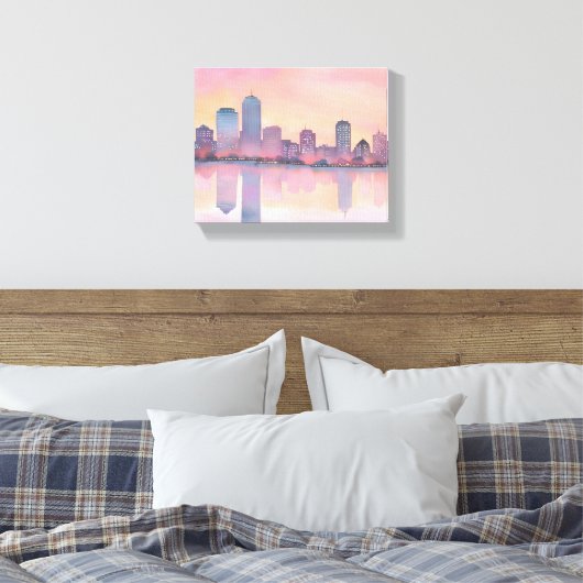 Pastel Sunset Cityscape | City Skyline-Waterverf Canvas Afdruk (Insitu (Slaapkamer))