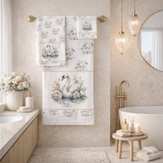 Pastel Swan and Floral Towel Trio Bad Handdoek