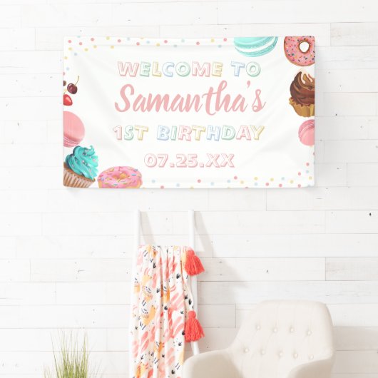 Pastel Sweet Snoep Lolipop Cupcake Donut Birthday Spandoek (Insitu)