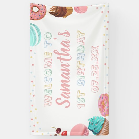 Pastel Sweet Snoep Lolipop Cupcake Donut Birthday Spandoek (Verticaal)