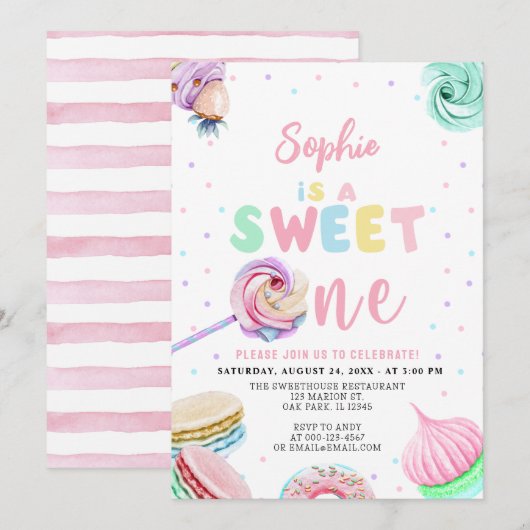 Pastel Sweets Donut & Snoep First Birthday Kaart (Voorkant / Achterkant)