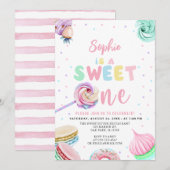 Pastel Sweets Donut & Snoep First Birthday Kaart (Voorkant / Achterkant)