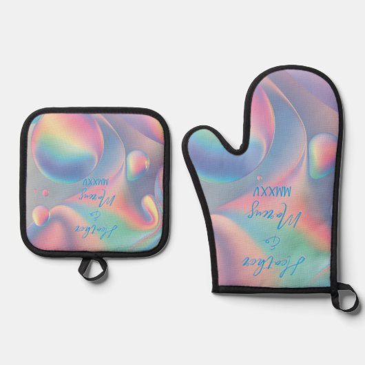 Pastel Swirl Hippy paar namen Romeinse nummerdatum Ovenwant & Pannenlap Set (Voorkant)