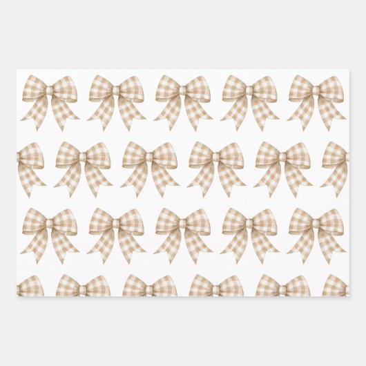 Pastel Tan en White Gingham Buffalo Plaid Bow Inpakpapier Vel (Voorkant)