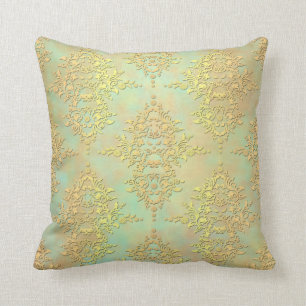 Pastel Teal en Goud Aurora Antiek Damast Kussen