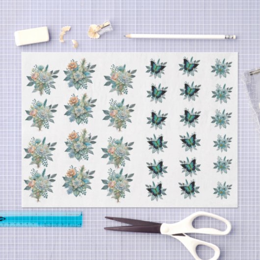 Pastel Teal & Roze Bloemen & Vlinders Tissuepapier (Craft)