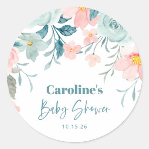Pastel Teal Roze Bloemige Baby Shower Aangepast Ronde Sticker
