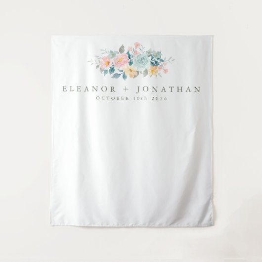 Pastel Teal Roze Waterverf Bloemstuk Huwelijk Aang Wandkleed (Voorkant)