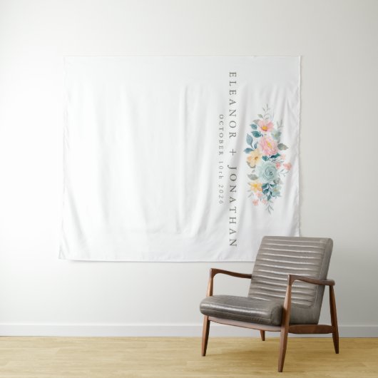 Pastel Teal Roze Waterverf Bloemstuk Huwelijk  Wandkleed (In Situ (horizontaal))