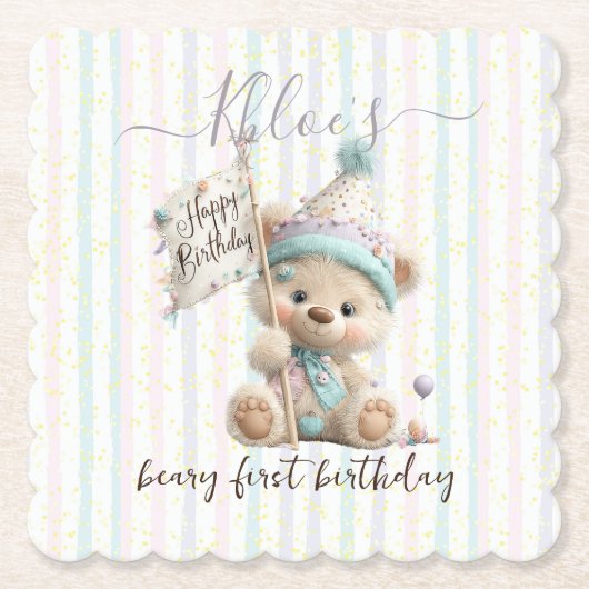 Pastel Teddy Bear Birthday  Kartonnen Onderzetters (Voorkant)