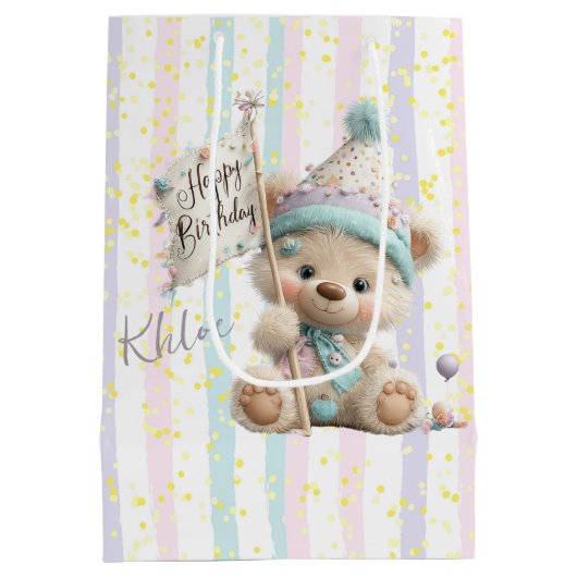 Pastel Teddy Bear Birthday  Medium Cadeauzakje (Achterkant)