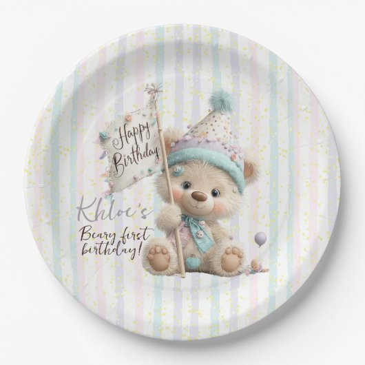Pastel Teddy Bear Birthday  Papieren Bordje (Voorkant)