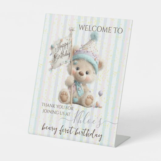Pastel Teddy Bear Birthday  Reclamebord Met Voetstuk (Voorkant)