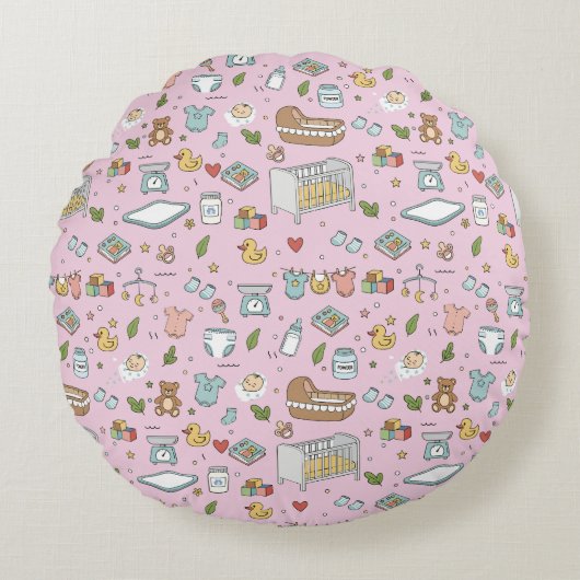 Pastel Teddybeer Eend Kraamkussen Rond Kussen (Voorkant)