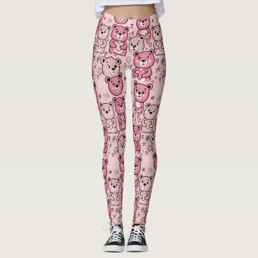 Pastel Teddybeer Hartpatroon Leggings (Voorkant)
