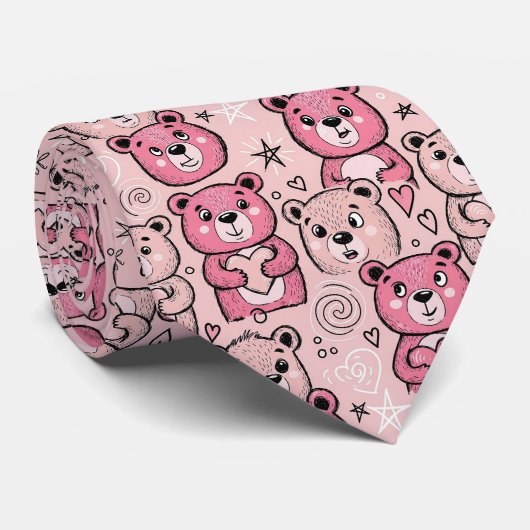 Pastel Teddybeer Hartpatroon Stropdas (Opgerold)
