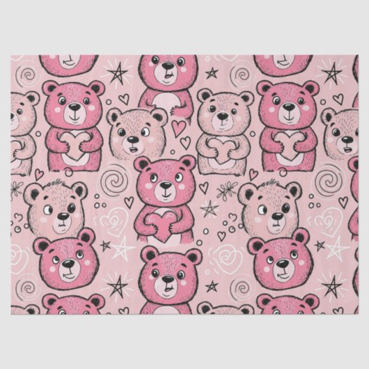 Pastel Teddybeer Hartpatroon Tissuepapier (Voorkant)