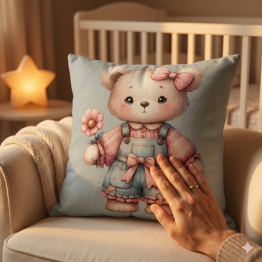 Pastel teddybeer met bloem en overall aan kussen