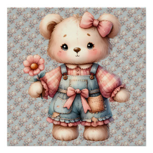 Pastel teddybeer met bloem en overall aan perfect poster