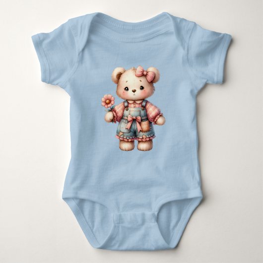 Pastel teddybeer met bloem en overall aan romper (Voorkant)