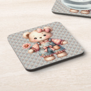 Pastel teddybeer met bloem en overall bier onderzetter