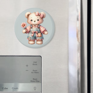 Pastel teddybeer met bloem en overall magneet