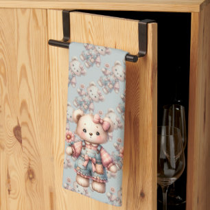 Pastel teddybeer met bloem en overall theedoek