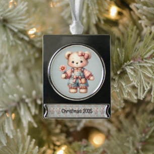 Pastel teddybeer met bloem en overall verzilverd banner ornament