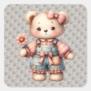 Pastel teddybeer met bloem en overall vierkante sticker