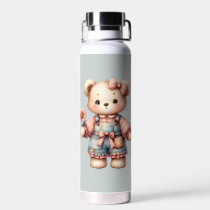 Pastel teddybeer met bloem en overall waterfles