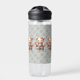 Pastel teddybeer met bloem en overall waterfles