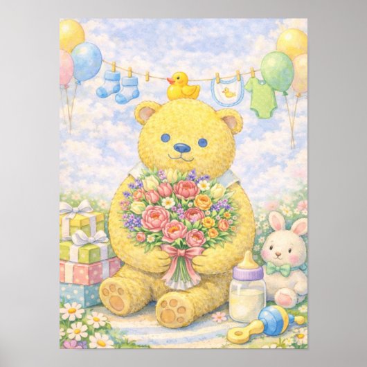 Pastel Teddybeer met Bloemen Poster (Voorkant)