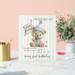 Pastel Teddybeer Verjaardag Acryl Bord