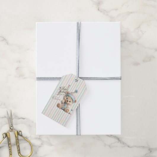 Pastel Teddybeer Verjaardag  Cadeaulabel (Met Touw)