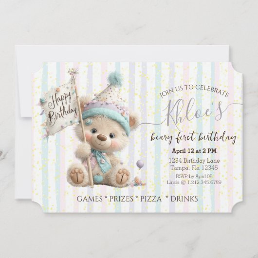 Pastel Teddybeer Verjaardag Kaart (Voorkant)