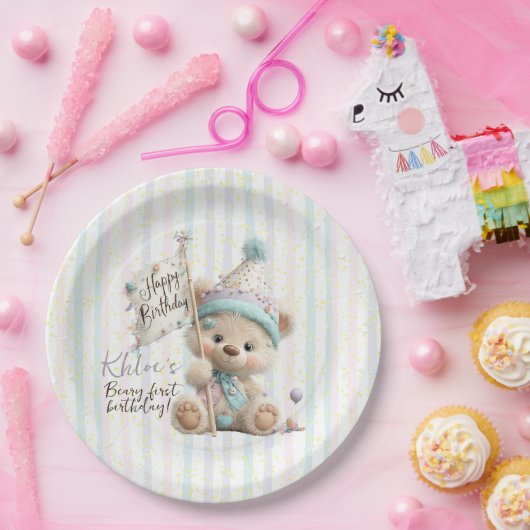Pastel Teddybeer Verjaardag Papieren Bordje (Feest)