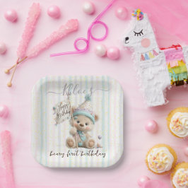 Pastel Teddybeer Verjaardag Papieren Bordje