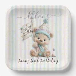 Pastel Teddybeer Verjaardag Papieren Bordje