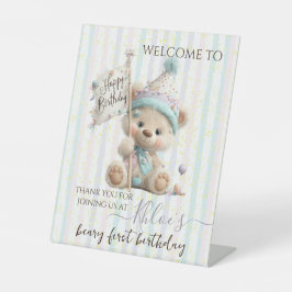 Pastel Teddybeer Verjaardag Reclamebord Met Voetstuk