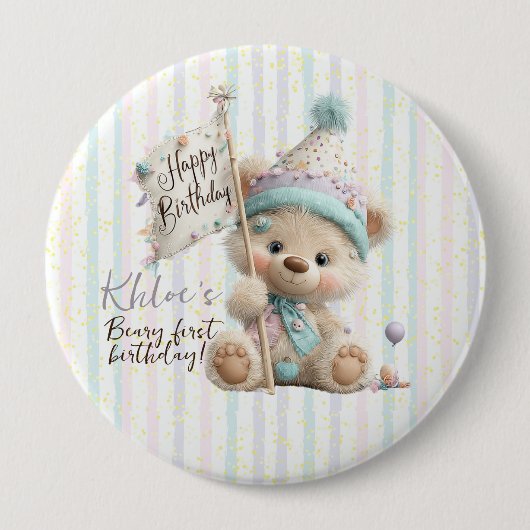 Pastel Teddybeer Verjaardag Ronde Button 4,0 Cm (Voorkant)