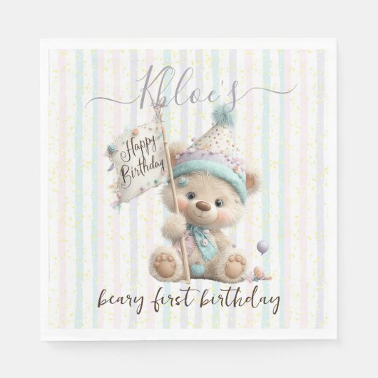 Pastel Teddybeer Verjaardag Servet (Voorkant)